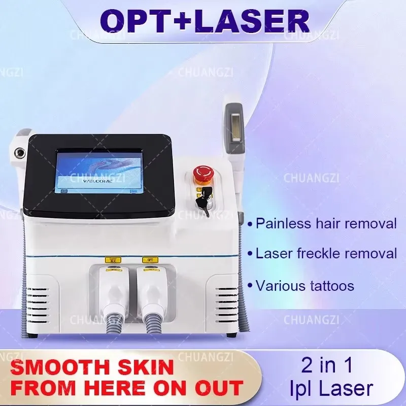 2 in1 OPT Laser Machine Q Switched ND Yag Laser Tattoo Removal Freckle Remove Skin Rejuvenation Professional Equipment