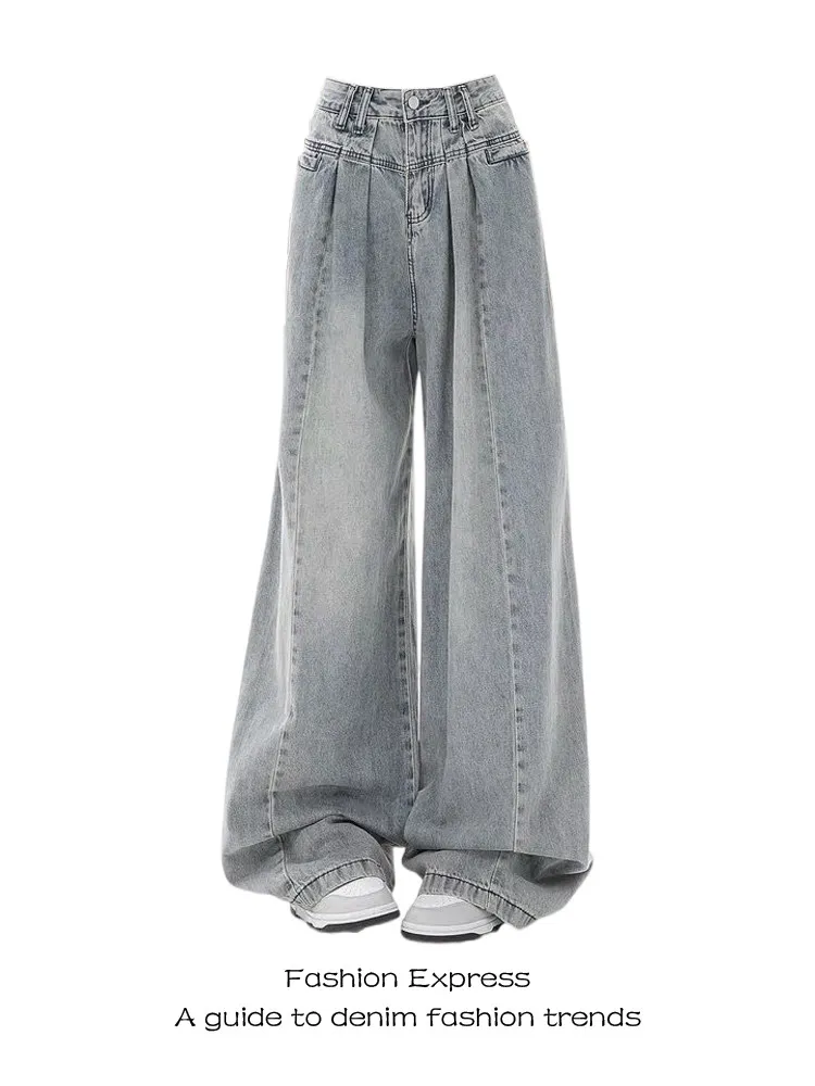 

plus Size Retro Light Wash Pleated Wide Leg Jeans Women's Spring Autumn High Waist Loose Drapey Floor Length Trousers