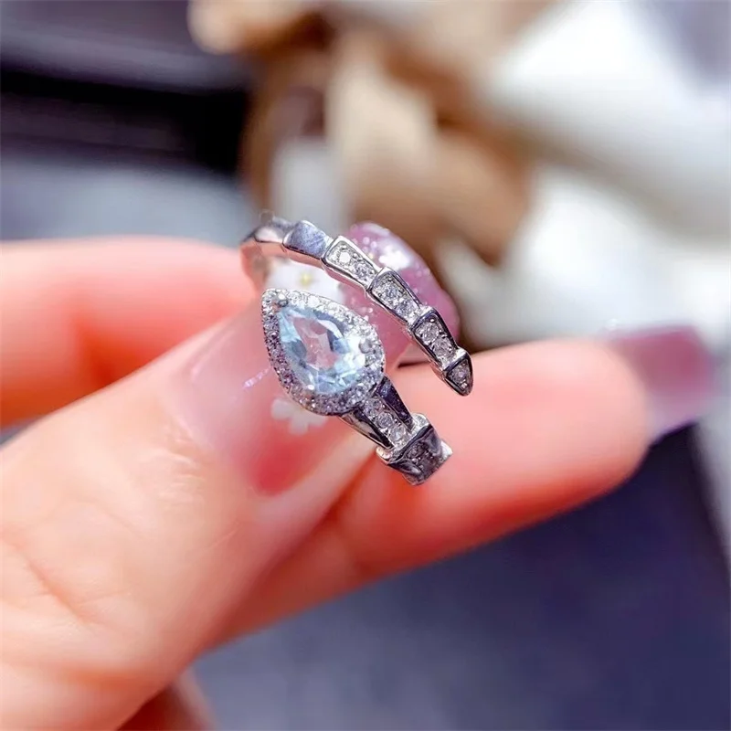 

925 Sterling Silver Natural Aquamarine Wedding Ring for Women Snake Shape Birthday Gift Fine Jewelry with Certificate