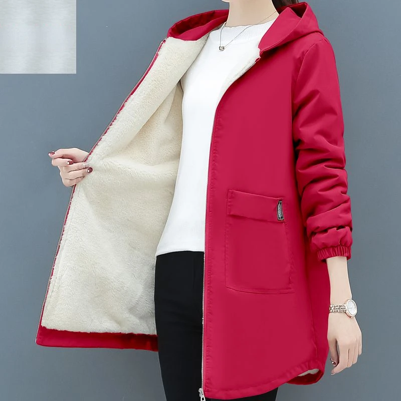 Gabardina con capucha de terciopelo para mujer, abrigo largo medio cálido, Tops coreanos para mujer, chaqueta delgada, prendas de vestir, otoño e invierno, nuevo, 2024