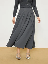 DUSHU Women's Pleated High Waist Skirt 2025 Spring New Design College Style Fashion All-match A-line Umbrella Skirt 25DS81053