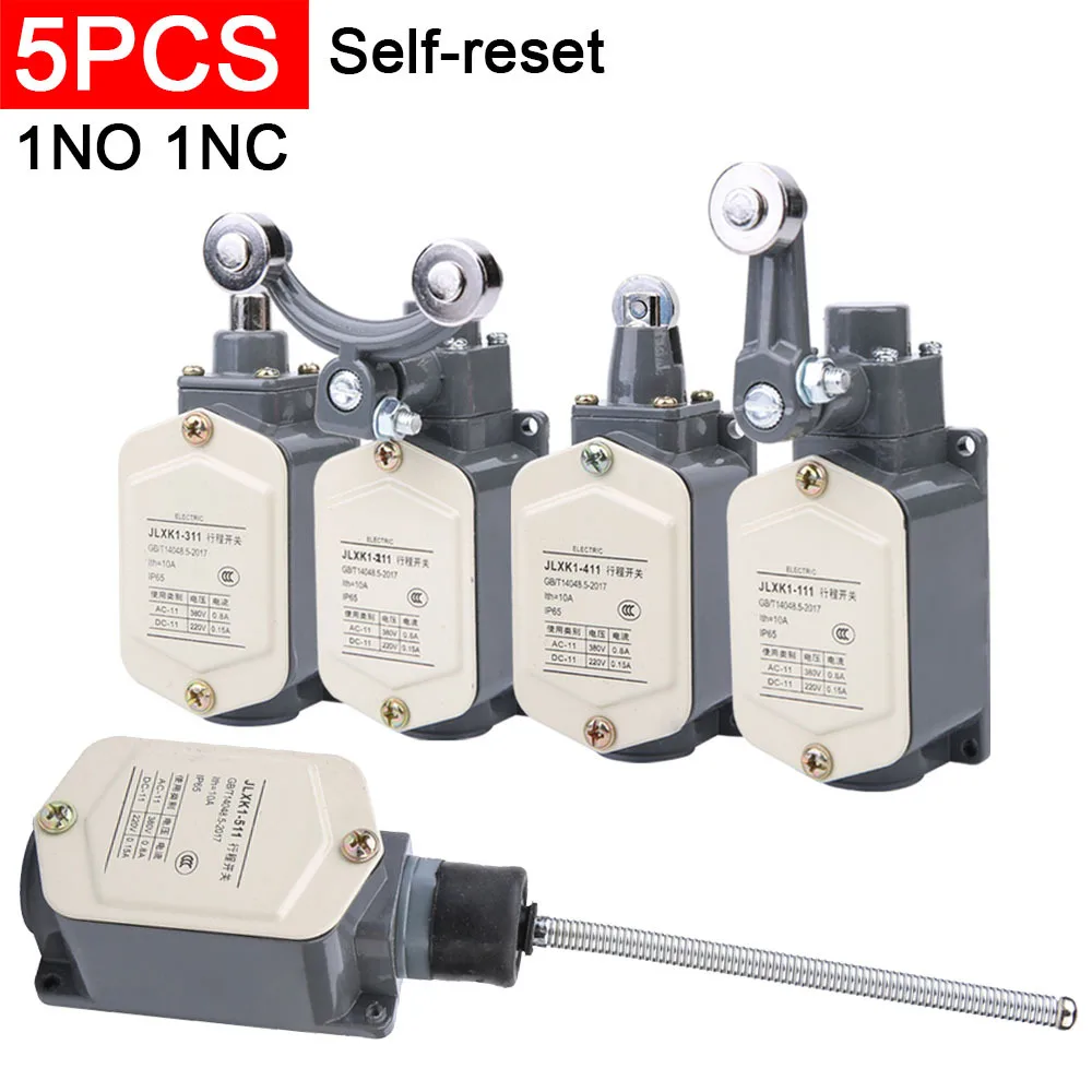 5pcs JLXK1-111 limit switch Plunger protected rocker arm self-reset NO NC travel switch Aluminum Shell JLXK1-211 311 411 511