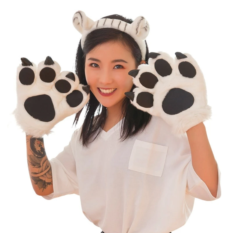 Plush Leopard Cosplay Costume Set Cute Ears Headband 3D Animal Paw Fluffy Gloves Stuffed Toys Mittens Party Supplies