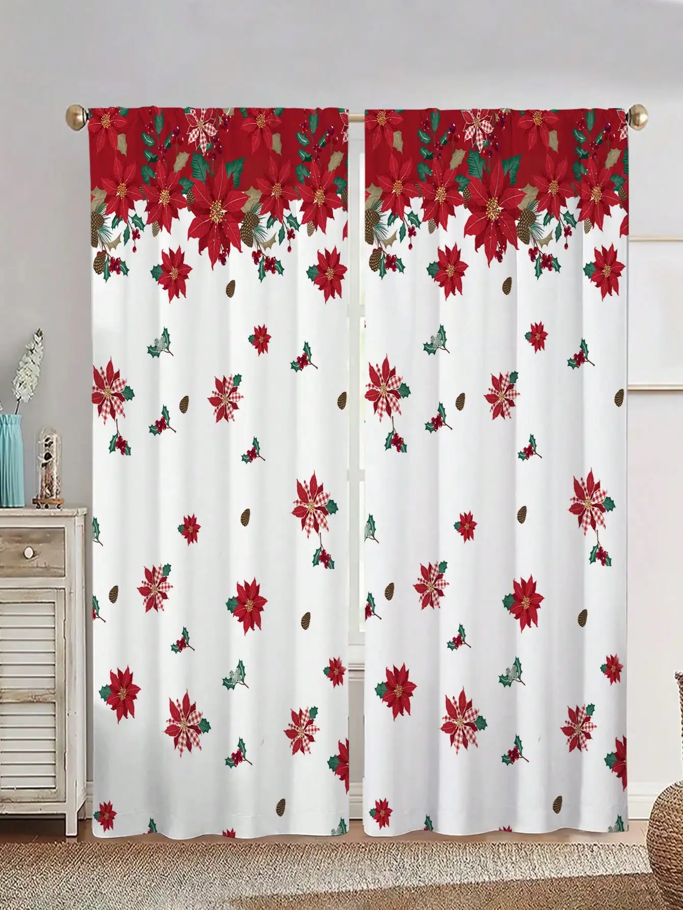 

2pcs Red Flower Printed Window Curtain, Without Holes Curtain, Refer To Bedroom Office Kitchen Living Room Study Home Decor