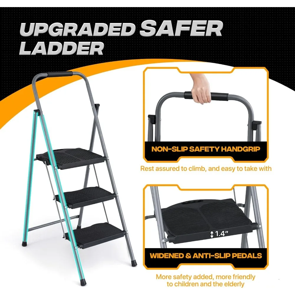 compact 3-step folding ladder with wide anti-slip treads for home use