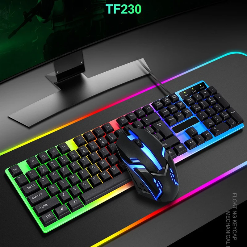 

TF230 Keyboard and Mouse Set Wired Gaming Computer Accessories USB Cable RGB Backlit Button Keyboard Laptop Laser Mouse Wheel