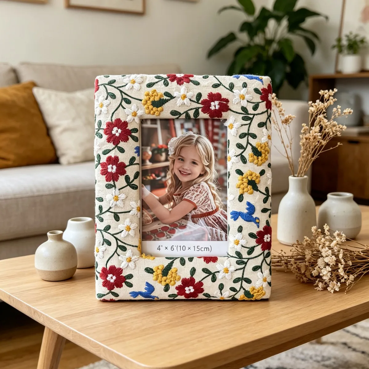 Hand Embroidered Photo Frame 4x6 Inch Boho Floral Handmade Fabric Picture Holder Tabletop Home Decor Gift