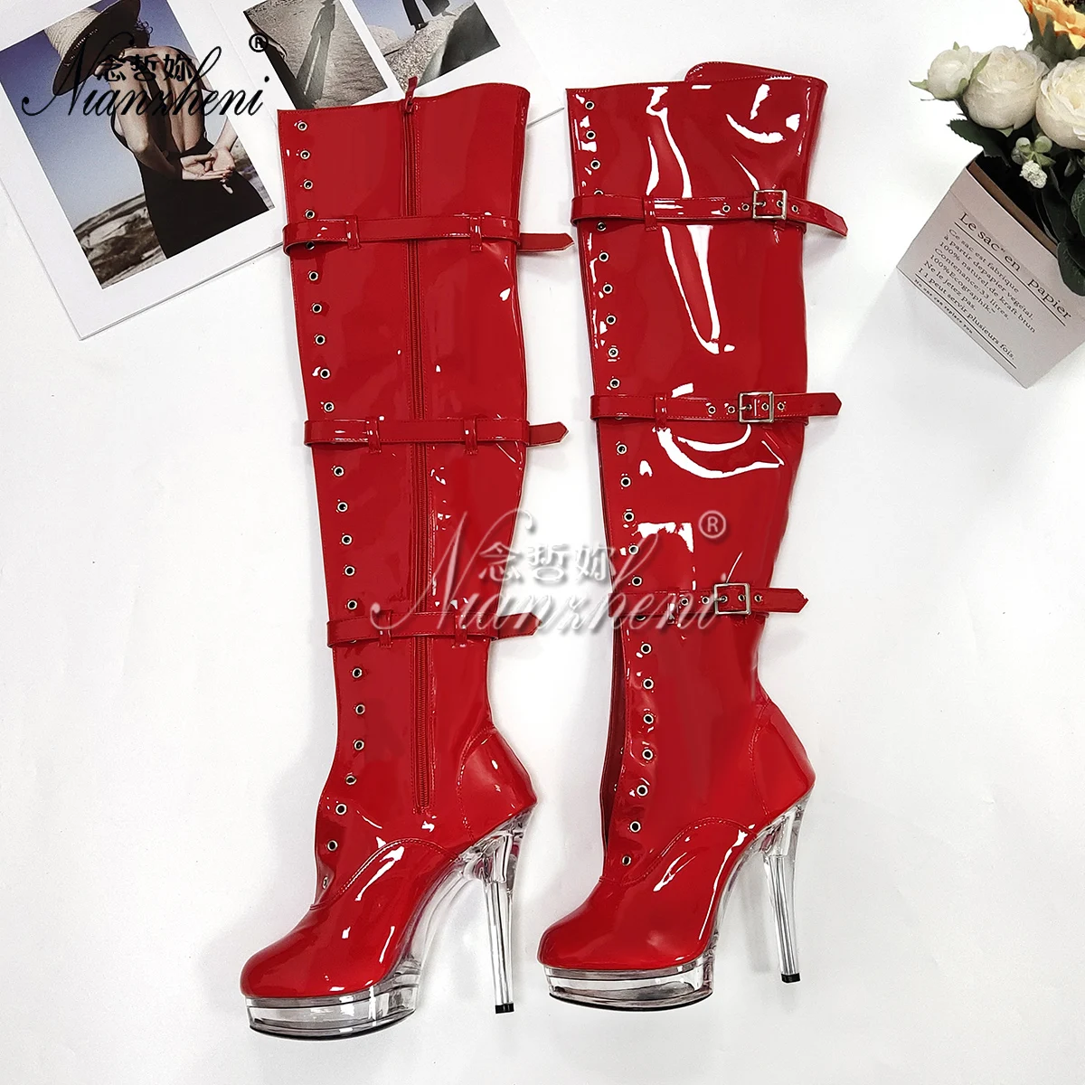 Red Exotic Belt Buckle Over The Knee Boots Women\'s 13cm Platform Sexy Fetish Shoes Nightclub 5Inch Gothic High Heels Big Size