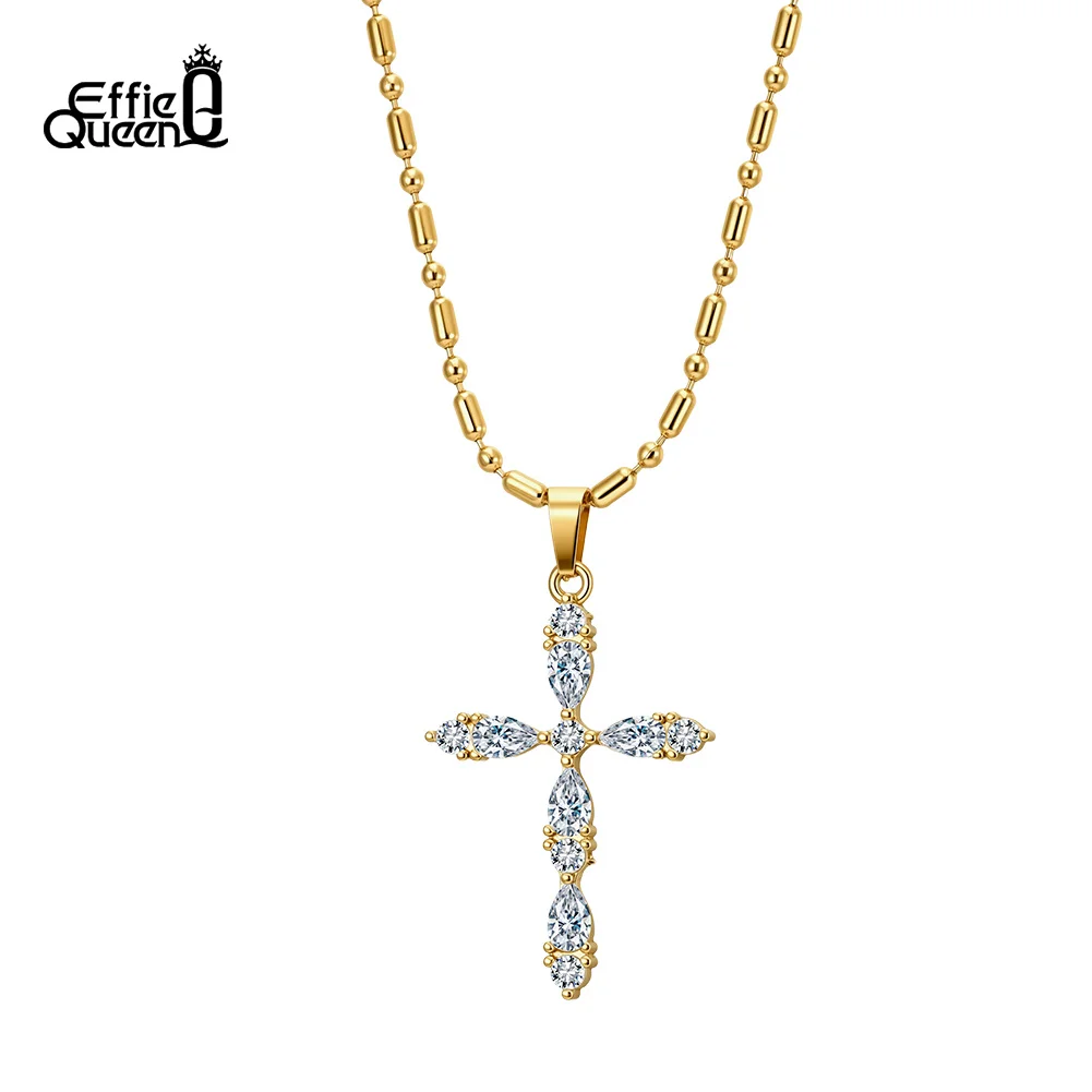 EFFIE QUEEN Shiny Cubic Zircon Cross Pendant Necklace for Women Stainless Steel Fashion Simple High Quality Jewelry Gift STKN35