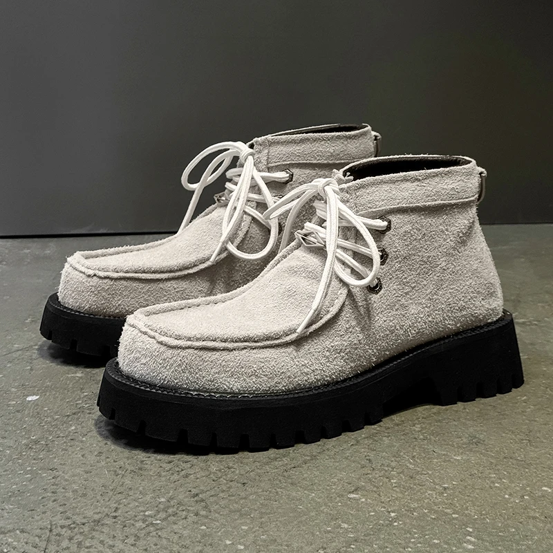 New Frosted Suede Men High Top Boots with Gear Soles Anti Slip Retro Height Increasing Suitable for Commuting Couples Casual