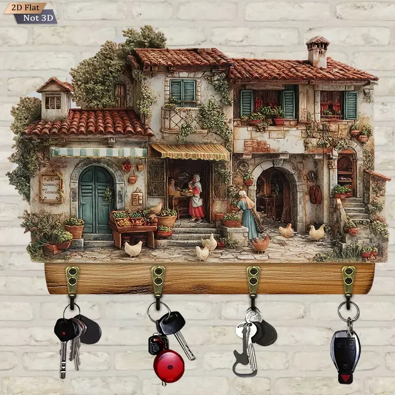 1 porta-chaves doméstico multifuncional de madeira rural com quatro ganchos de metal, usado para decoração de parede, decoração de villa e decoração sazonal