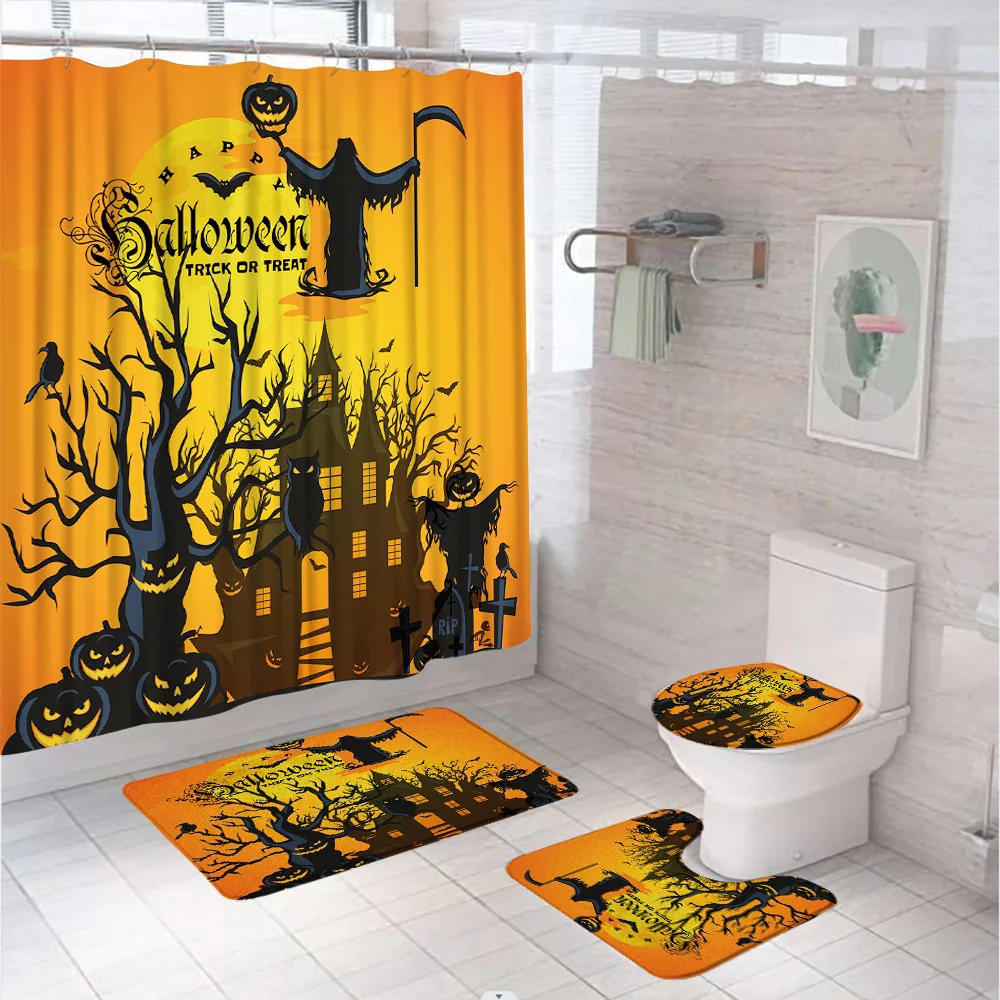 

Halloween Shower Curtain Set with Non-Slip Rug Toilet Lid Cover Bath Mat Scary Pumpkin Scarecrow Crow Owl Castle Bathroom Decor