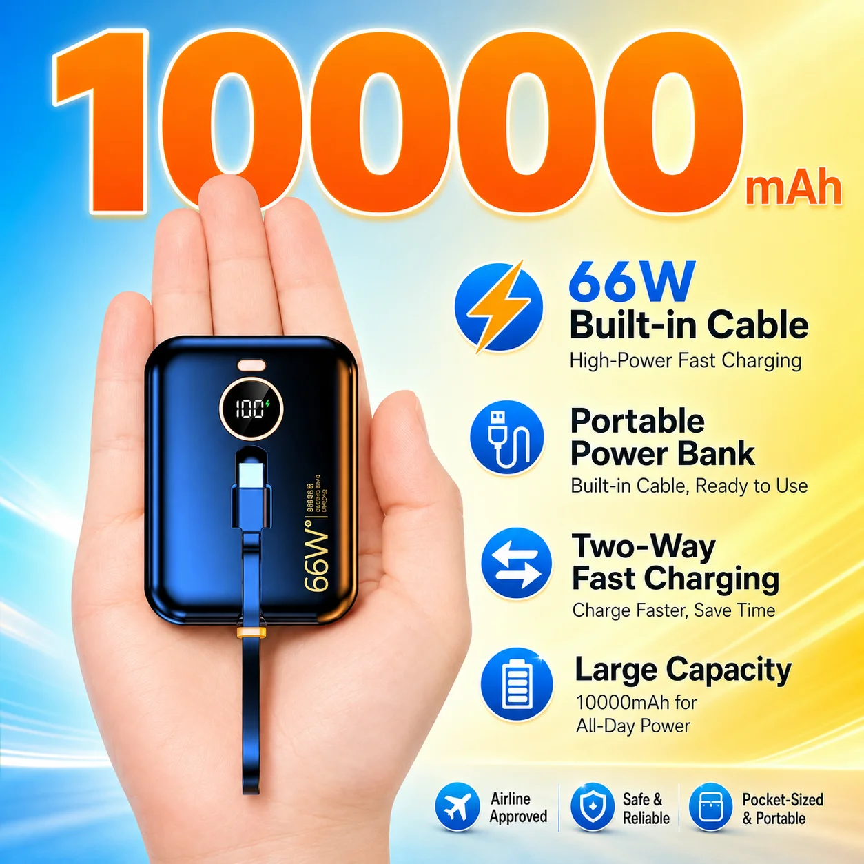 100000mAh 66W Mini Power Bank PD20W Fast Charging Portable Charger Type-C External Battery LED Display for iPhone Samsung Xiaomi