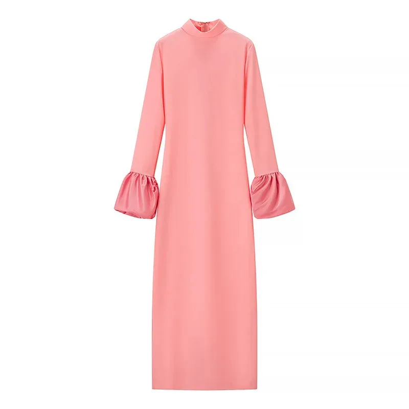 

Elegant Half Turtleneck Women's Slim Fit Maxi Dress Floral Y2K Long Sleeve Slit Robe Bodycon New Party Evening Dress