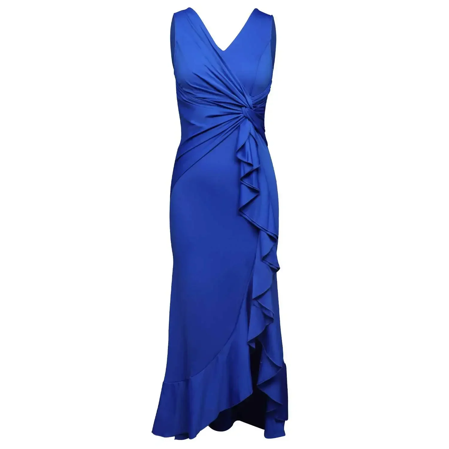 

Women's Elegant V-Neck Sleeveless Split Slim Ruched Ruffles High Low Long Evening Dress