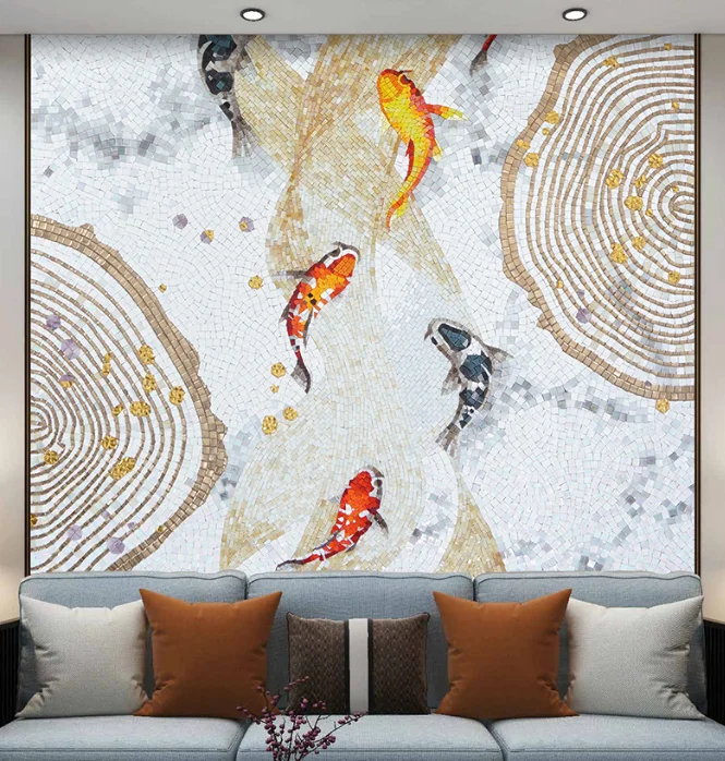 

Gold fish pattern art glass mosaic tile mural design for wall decorate