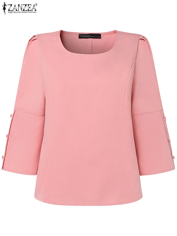 ZANZEA Women Blouse 2025 Autumn Vintage Solid Office Lady 3/4 Puff Sleeve Tops Round Neck Waisted Blusas Tunics Buttons Shirts