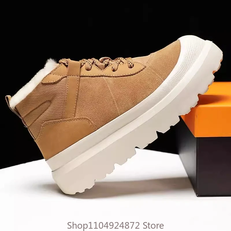Vintage Fashion Genuine Leather Fur Snow Boots Men's Winter Thick Wool Cold Proof  Anti Slip High Top Casual Sport Cotton Shoes