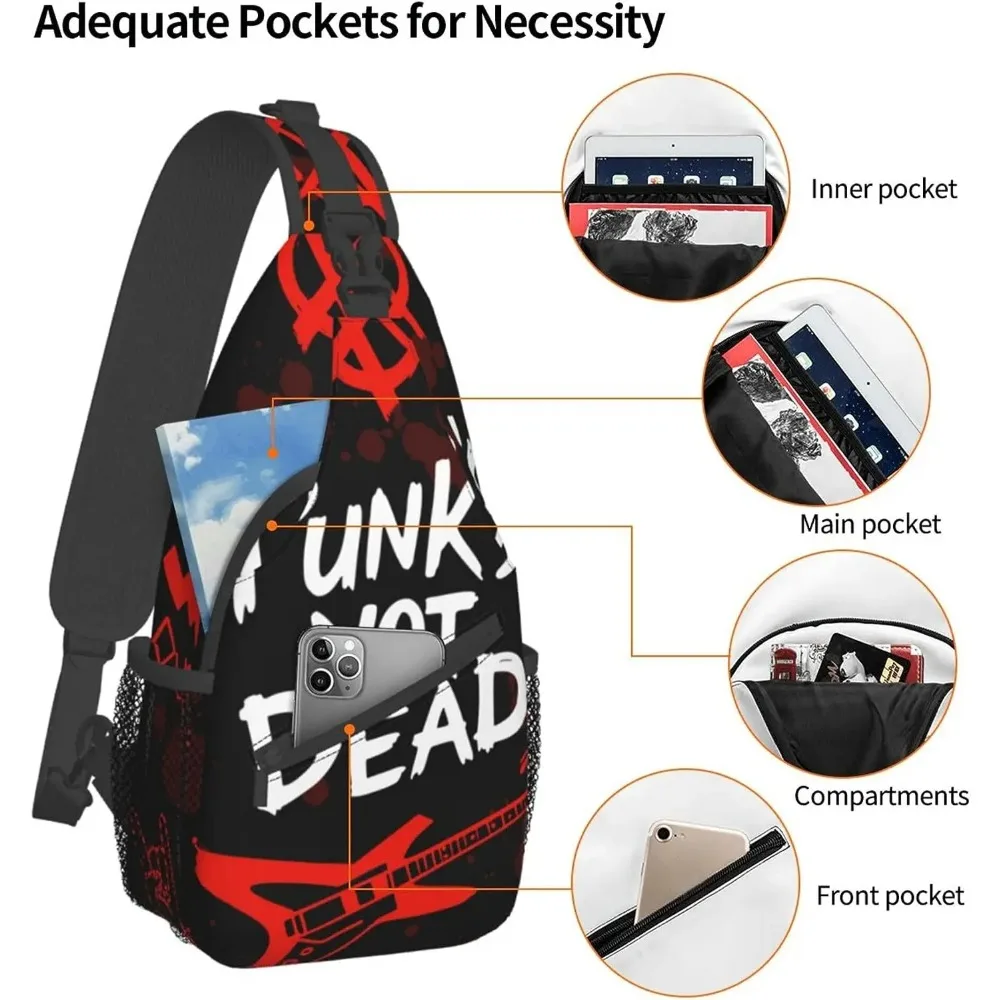 Cool Sling Backpack Crossbody Shoulder Bag Punk Rock Set Skull Punks Not Dead Words Red Black Bag Durable Travel Hiking Daypack