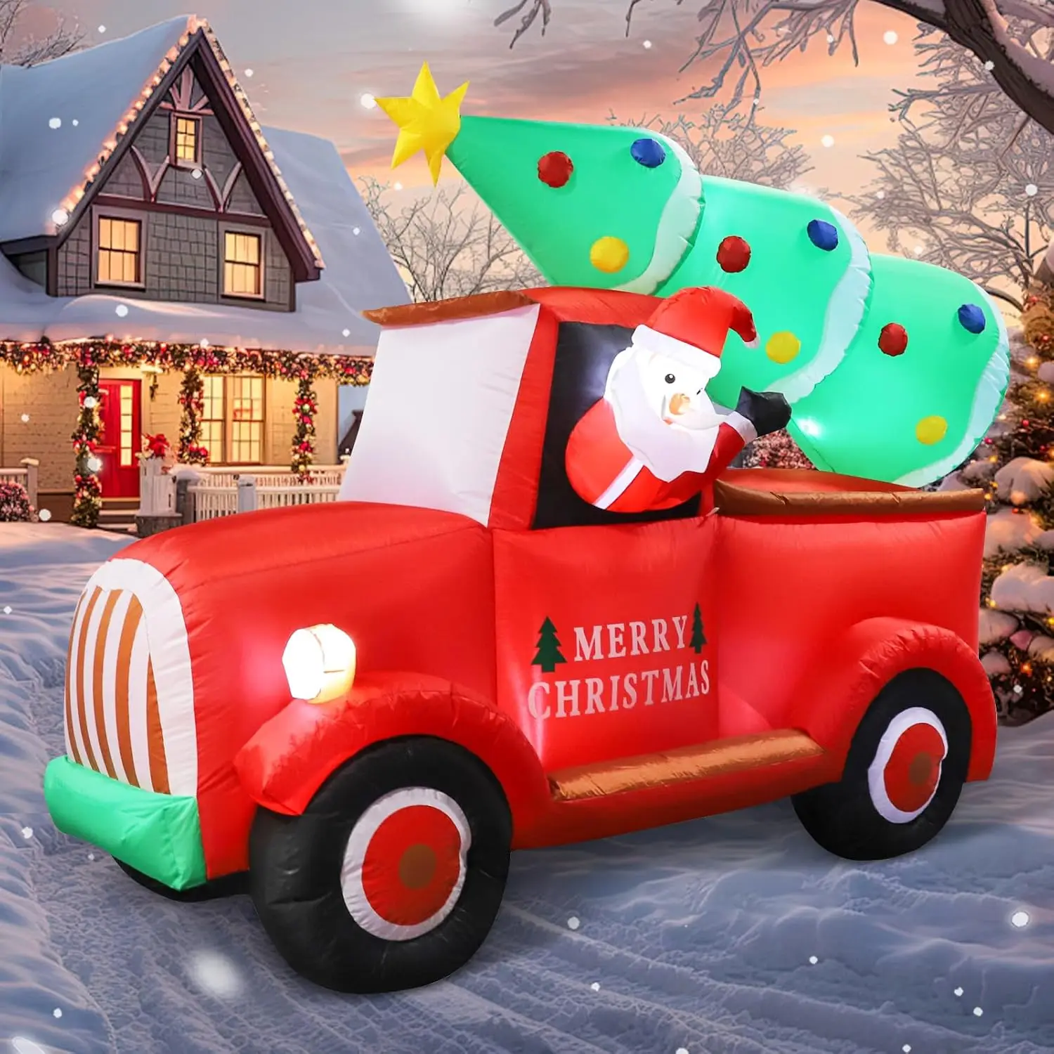 Christmas Inflatable Santa Claus on Truck with Tree Blow Up Santa Truck with LED Light for Outdoor Yard Garden Holiday Party Toy
