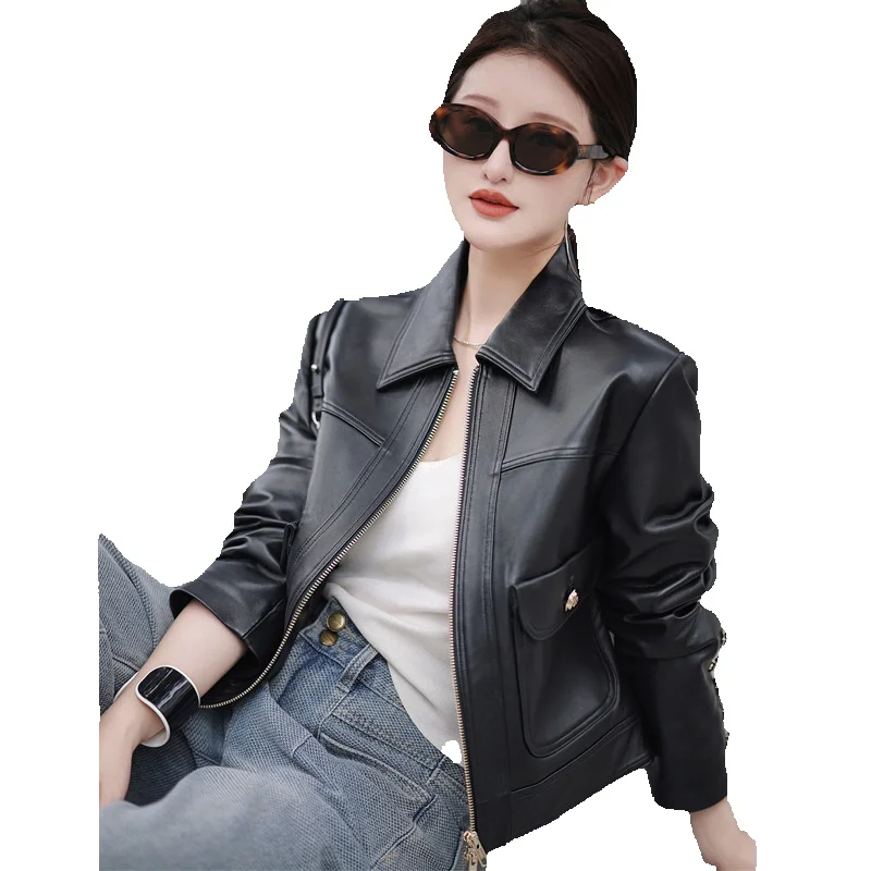 Jaket kulit asli wanita, jaket kulit asli wanita, jaket kulit domba pendek, jaket jas Slim Fit, jaket sepeda motor