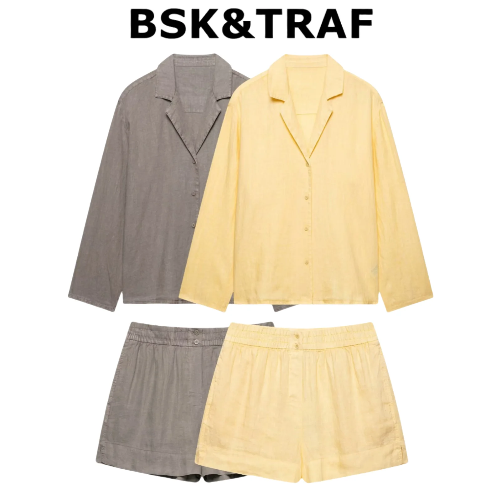 

BSK&TRAF2025 New Summer Women's Casual Suit Solid Color Lapel Long-sleeved Linen Shirt Top + Elastic Waist Linen Shorts