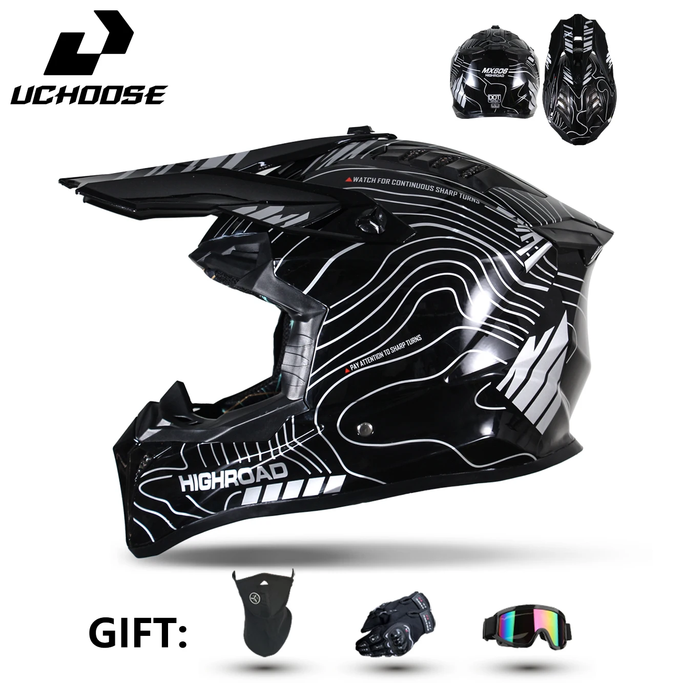 UCHOOSE Motocross Helmet Full Face Off Road Motorcycle Helmet Dirt Bike ATV Racing Helmet With Goggles Gloves Neck Face Mask