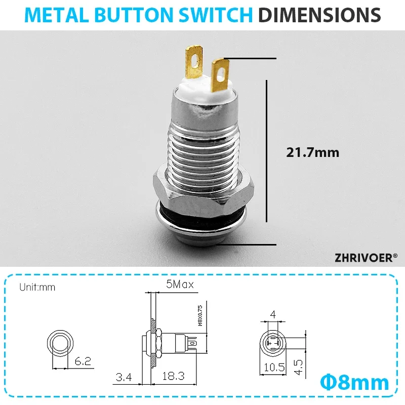 10 Uds. Interruptor de botón de Metal de enganche autoblocante momentáneo de reinicio automático de 8mm 2 pines de cabeza alta 2v3v5v12v24v220v