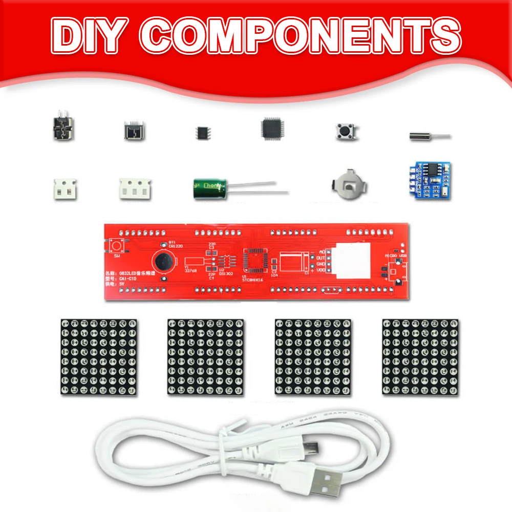 DIY LED Music Spectrum DS1302 Zegar z matrycą punktową Elektroniczny zestaw lutowniczy Rhythm Light USB Power DC5V z mikro kablem — zdjęcie produktu 3