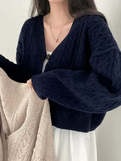 

Шикарный осенне-зимний вязаный кардиган V-Ne Long Sve ort, женский винтажный ретро-дизайн из полиэфирного волокна, весна-осень