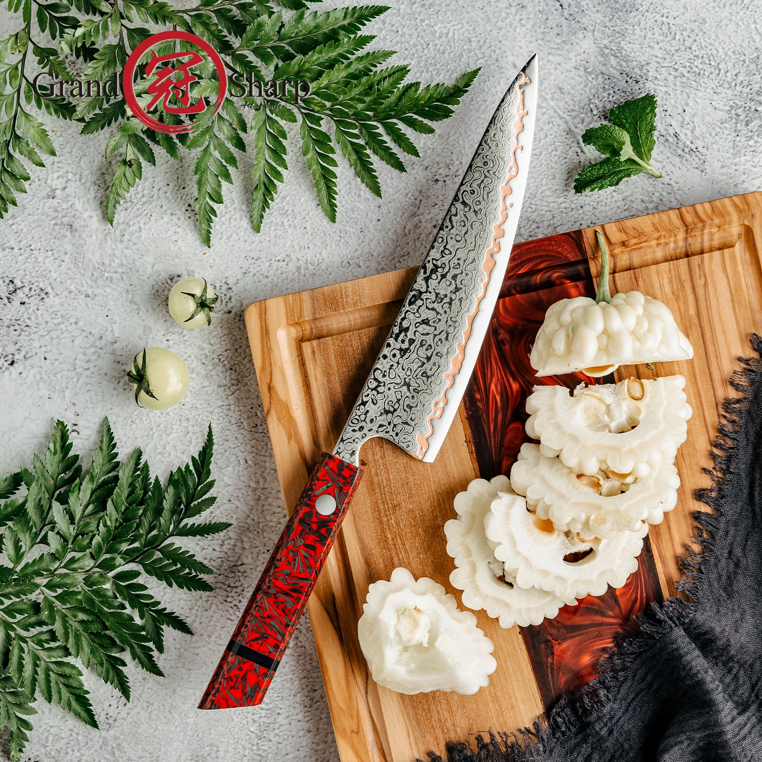 Grandsharp 8 Inch Chef Knife Professional Kitchen Knife 55 Layers Damascus Steel Red Resin Carbon Fiber Handle Cooking Gift