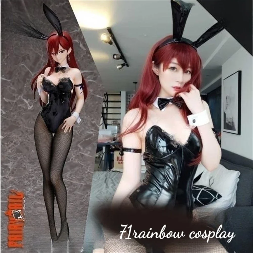 

Anime FAIRY TAIL Erza Scarlet Bunny Girl Cosplay Costume Woman Black Leather Jumpsuits Uniforms Sets PU Clothes Sexy Cosplay