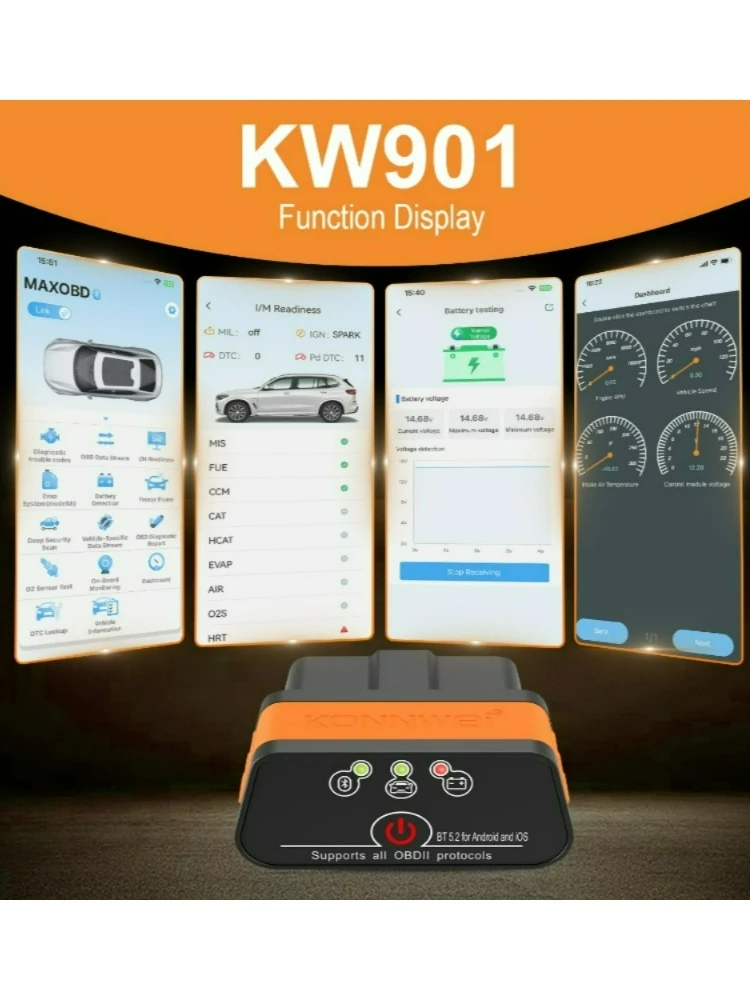 KONNWEI KW901 Bluetooth 5.2 OBD2 Czytnik Kodów Silnika, Dane na Żywo, Test Baterii, Uniwersalny dla IOS/Android — 2