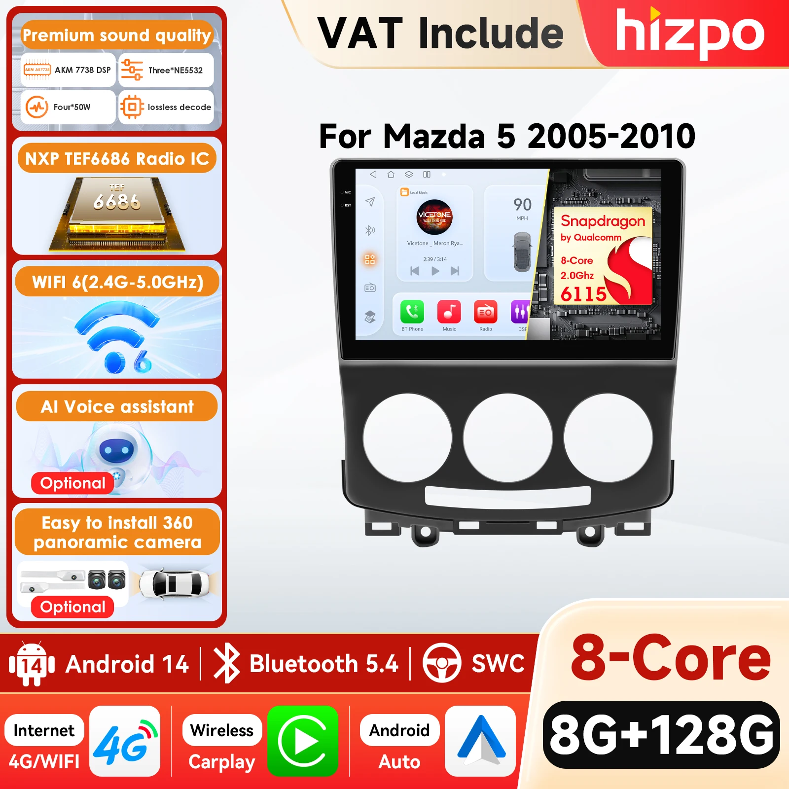 Radio de coche Hizpo 2 Din para Mazda 5 2005-2010, reproductor Multimedia, CarPlay, Android, GPS, Bluetooth, WIFI, FM, RDS, Autoradio AI