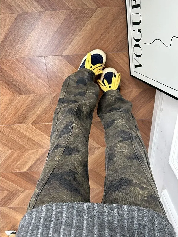 

American High Street Camouflage Jeans Men's Spring Autumn Cleanfit Cool Flared Retro Workwear Straight Leg Jeans