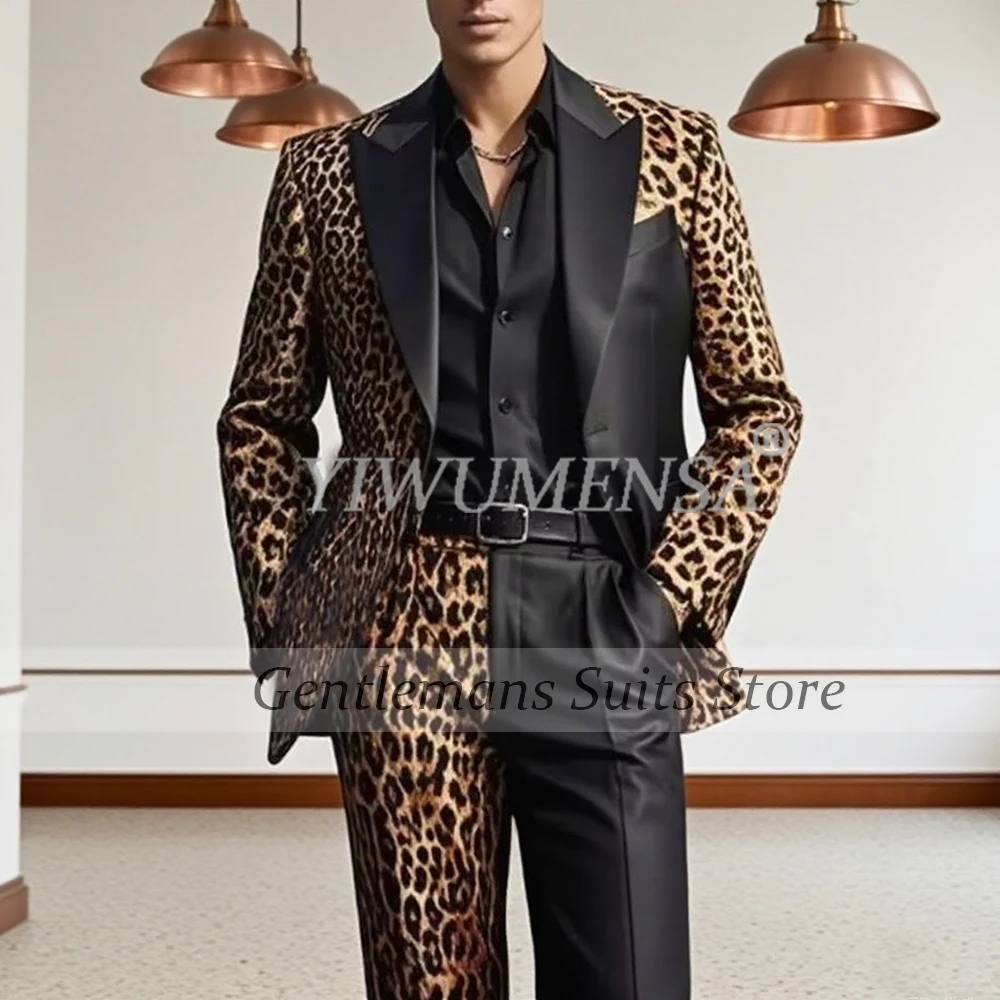 

Мужские модные леопардовые сращенные костюмы, мужские комплекты из 2 предметов, однобортные пиджаки для выпускного вечера, индивидуальные свадебные смокинги для жениха в британском стиле
