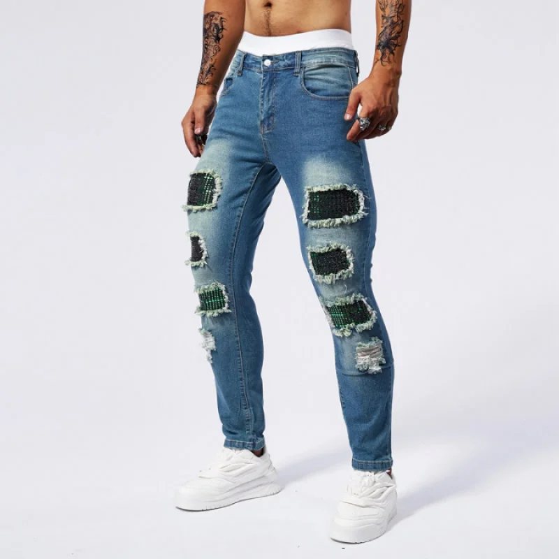 Handsome muscular jeans with men's torn patches and rhinestones design fashionable street elastic slim fit  tight pant