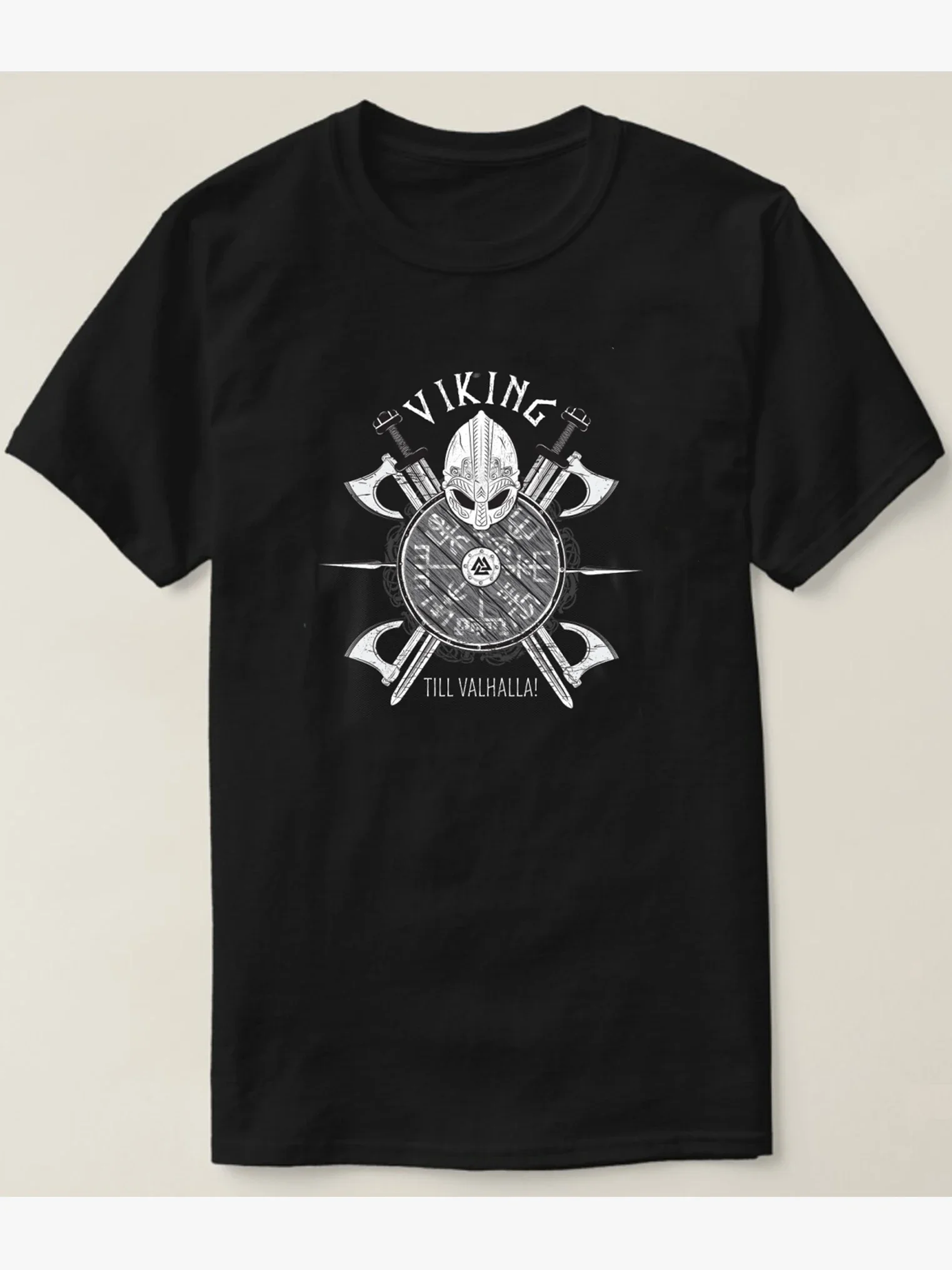 Till Valhalla  Compass Vegvisir Rune Shield T-Shirt New 100% Cotton Short Sleeve O-Neck Casual Mens T-shirt Streetwear