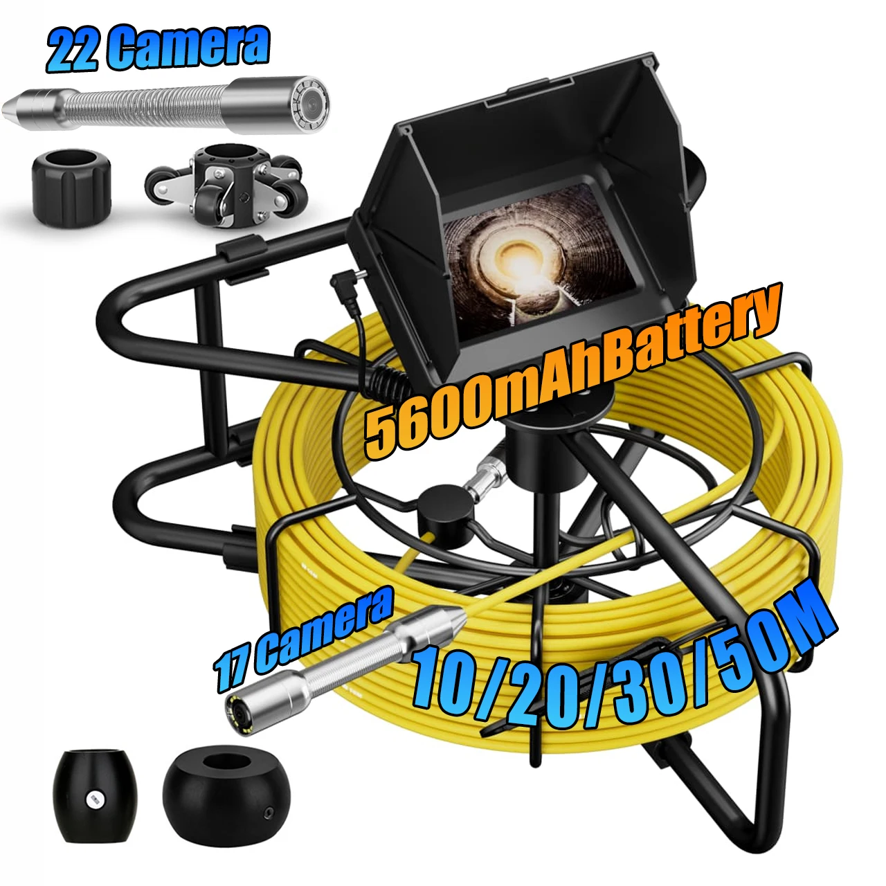 

Камера для осмотра канализации, водонепроницаемая камера для канализации IP68 с ИК-подсветкой для ночного видения, HD-эндоскоп с картой памяти TF 16 ГБ и аккумулятором 5600 мАч