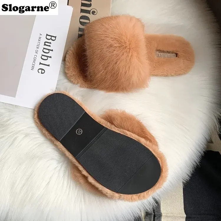 Faux Fur Slides Women\'s 2024 New Winter Slippers Home Cotton Shoes Korean Students Flats Plush Girls Fur Slippers Furry Slippers