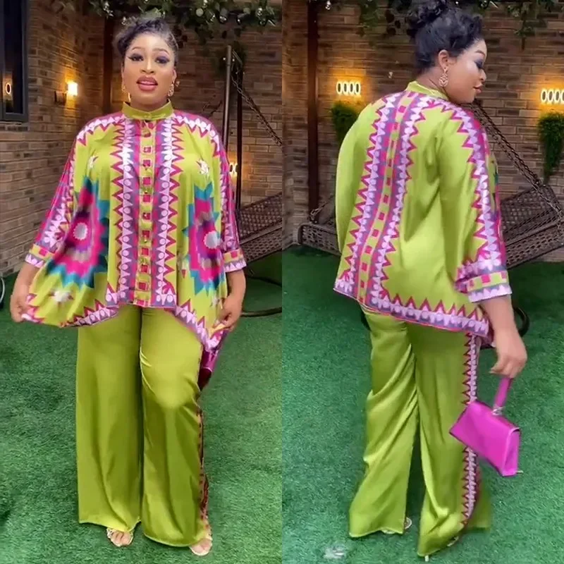 

2 Piece African Clothes for Women Outfits Summer African 3/4 Sleeve O-neck Print Top Pant Matching Sets Dashiki Africa Clothing