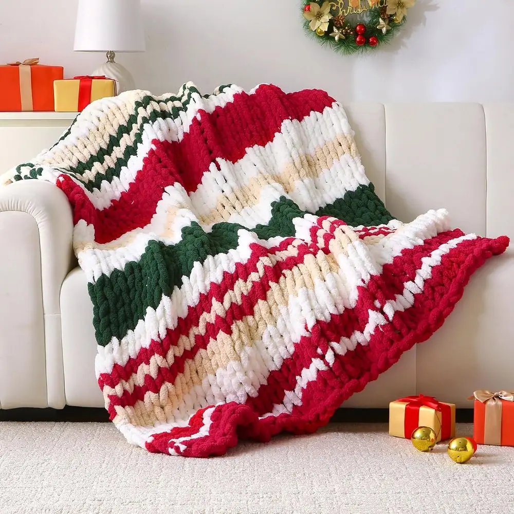 

Handcrafted 50x60 Chenille Crochet Blanket, Soft Striped Red & Green Throw for Couch, Bed, Sofa, Holiday Decor