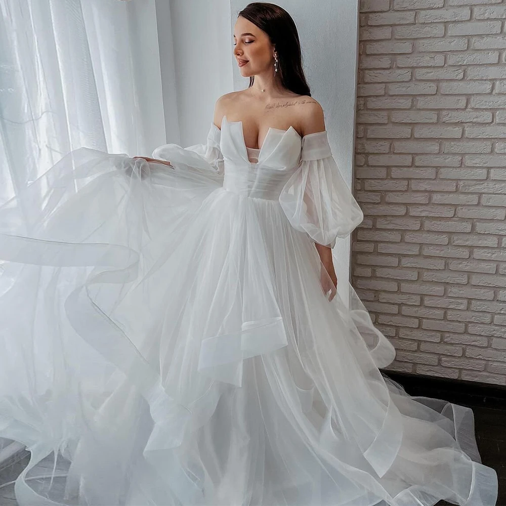 Civil Wedding Dresses White Net Ruffles Ruched Boho Wedding Dresses A-line Off-the-shoulder 2024 Bride Gowns for Women