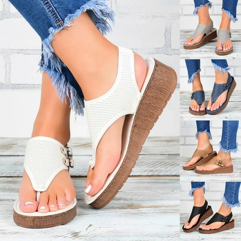 2024 New Summer Women Strap Sandals Women's Flats Open Toe Solid Casual Shoes Rome Wedges Thong Sandals Sexy Ladies Shoes