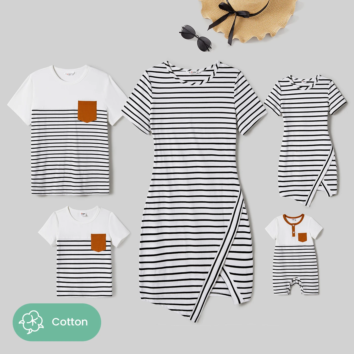 

PatPat Family Matching 95% Cotton Stripe Asymmetrical Hem Short-sleeve Dresses and Stripe Panel T-shirts Sets