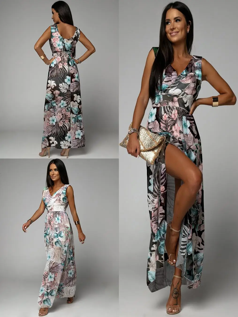 

2024 New Chiffon Printed Elastic Waist Sleeveless V-neck Slim Slim Dress Party Banquet Elegant Dress Beach Long Dress