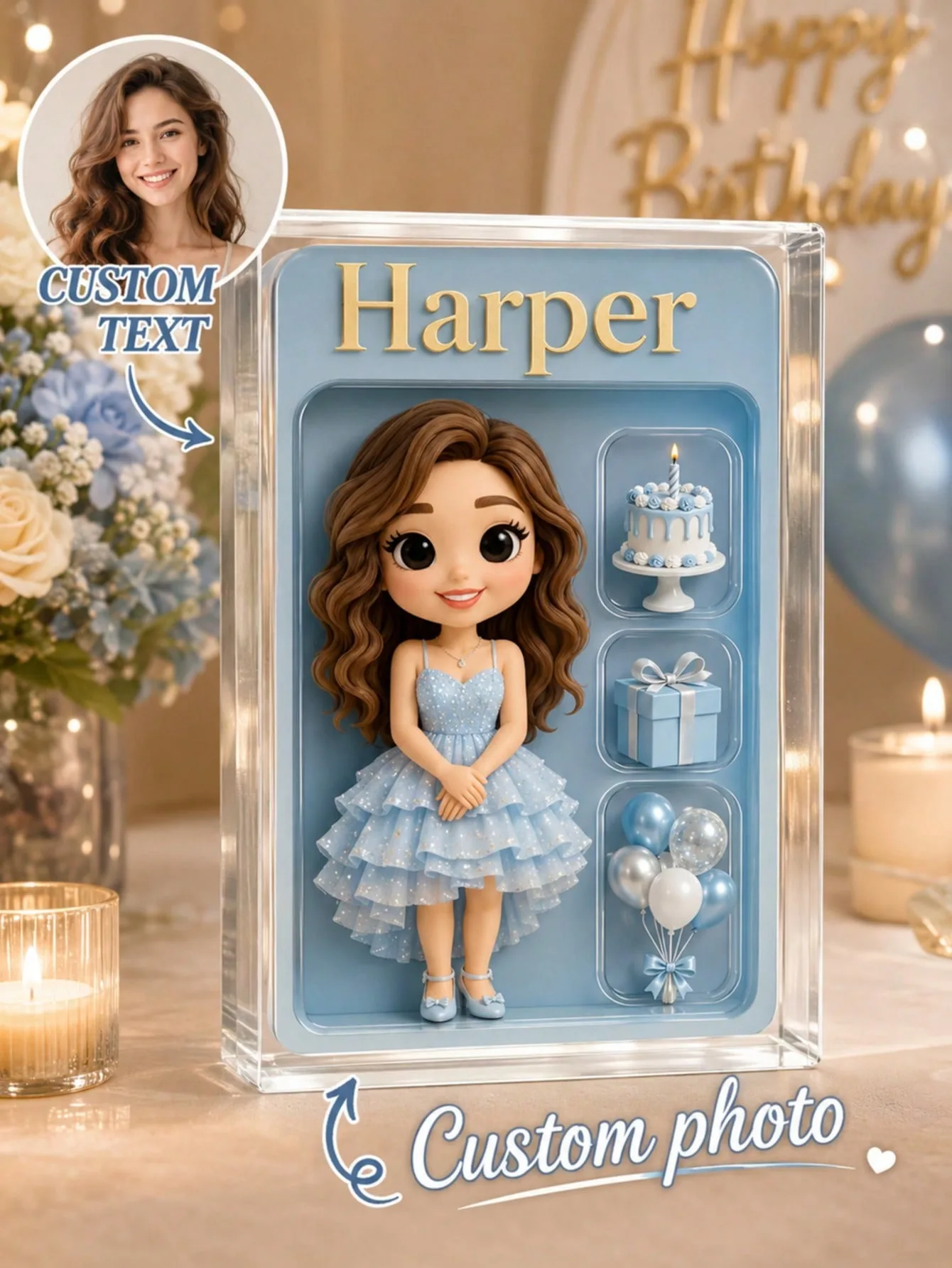 Custom Photo Cartoon Portrait 2D Acrylic Plaque Personalized Name Display Stand Birthday Anniversary Wedding Gift Home Decor
