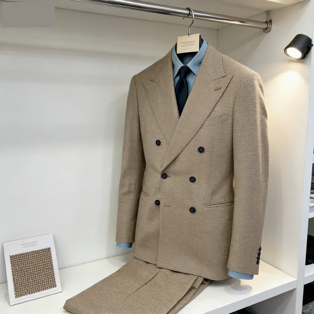 

Осенне-зимний новый мужской костюм из шерсти, комплект из 2 предметов, костюм в клетку «гусиная лапка», пошитый на заказ, пиджак и брюки, бежево-черный деловой костюм