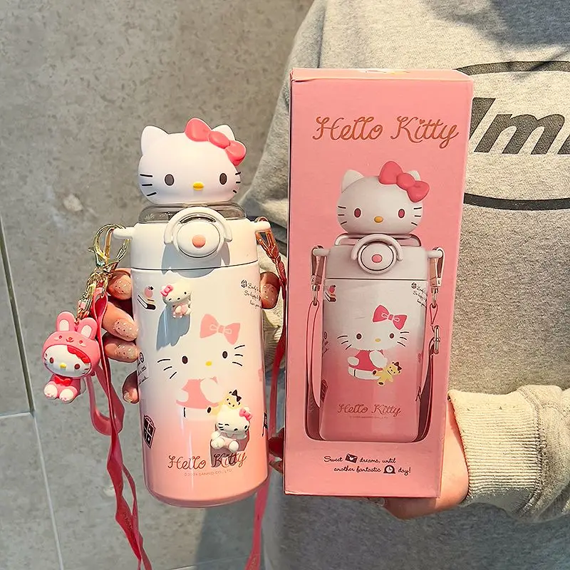 Sanrio Hello Kitty Thermos Cup Crayon Shin Chan Cute  Water Bottle Keeps Cold Stainless Steel Kids Straw School Students Gift