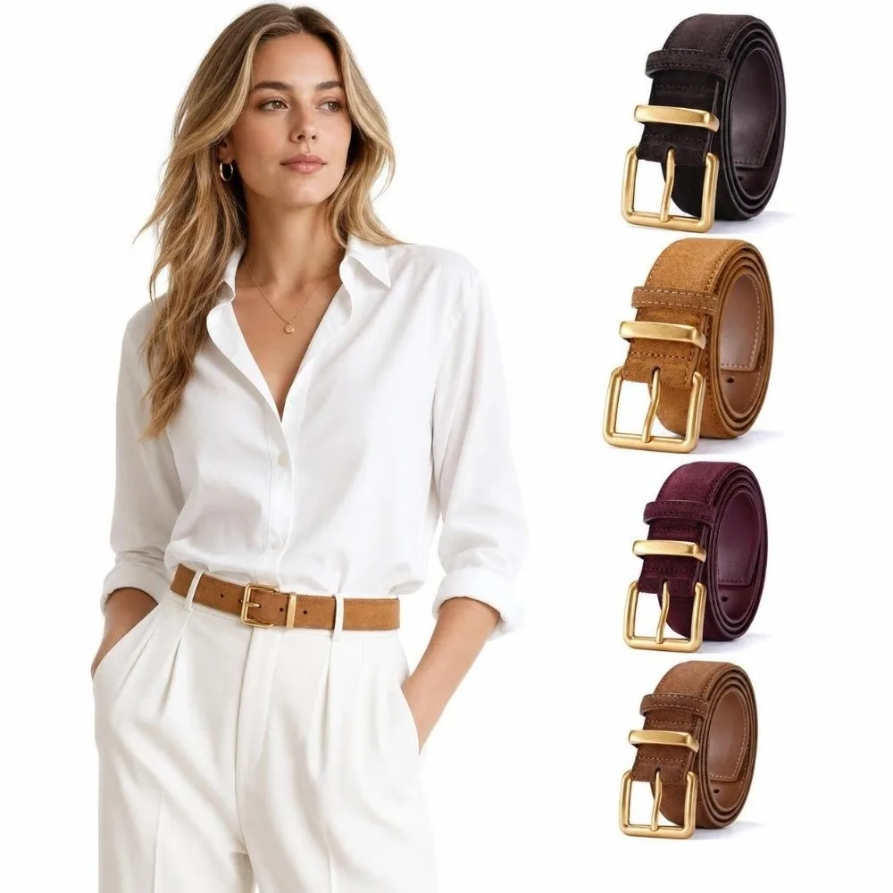 Retro Genuine Cowhide Suede Leather Waist Belt Adjustable Gold Alloy Buckle Pin Buckle Belt Cowhide Dress Belt Casual Outfit